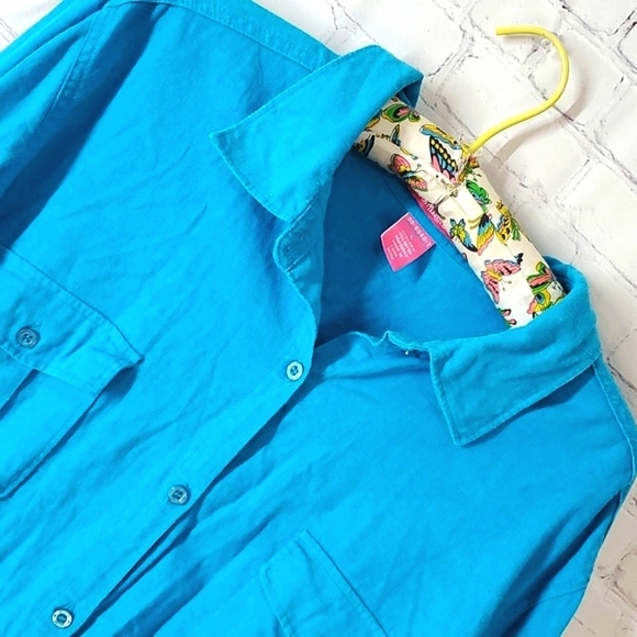 Woman Within Pool Blue Long Sleeve Plus Size Linen Blend Button Shirt Size Large - Picture 7 of 13